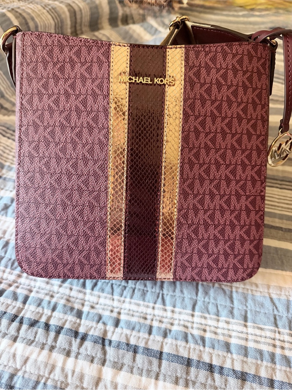 MICHAEL Michael Kors Plum Signature Crossbody with Gold Stripe